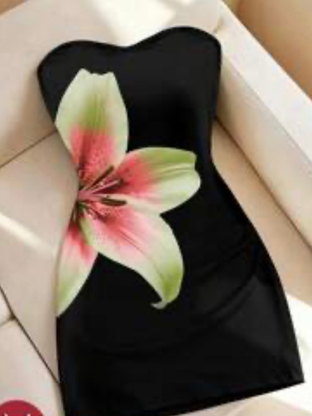 SHEIN Black Strapless Bodycon Dress with Pink and Green Floral Accent